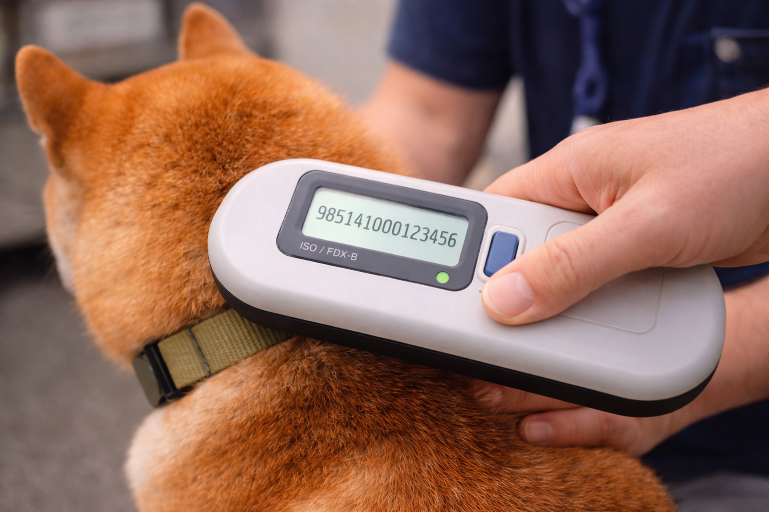 rescue worker scanning a dog with a microchip reader