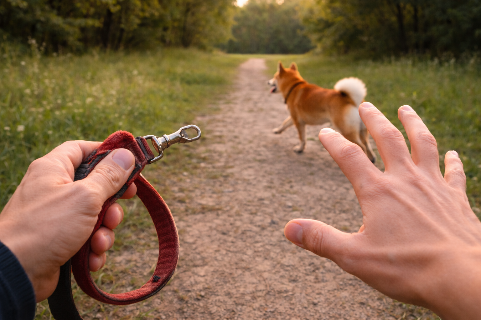 Dog outdoors on a walk wearing a collar